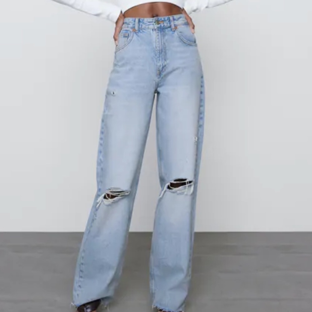 Zara wide leg full length ripped jeans